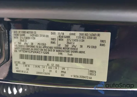 2019 Ford F150 Supercrew z USA, uszkodzony, nr VIN 1FTEW1CP2KKC11226